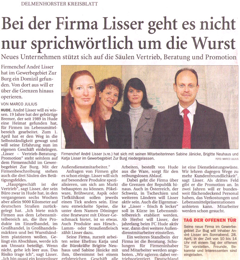 Mehr über den Artikel erfahren Zeitungsanzeige: „Bei der Firma Lisser geht es nicht nur sprichwörtlich um die Wurst“
